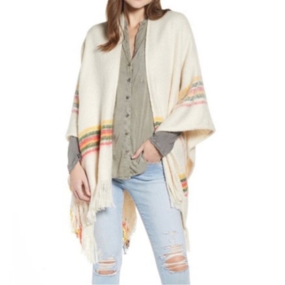 Free People Cream Ruana Poncho Sweater Cape OS